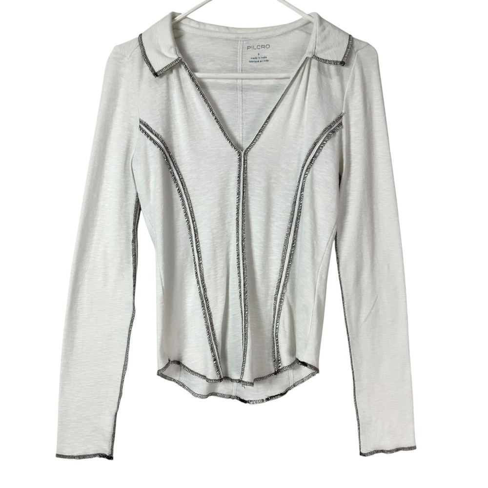 Pilcro White Contrast Stitch Top S Pullover V-Neck Long Sleeve Princess Seam